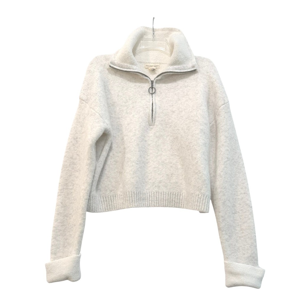 Happily Grey Women's Quarter Zip Cropped Fuzzy Soft Pullover Sweater Cream Large